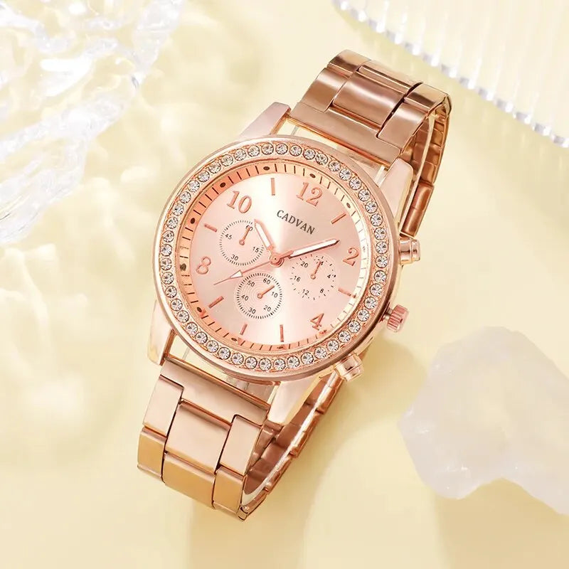 6PCS Set Rose Gold Luxury Watch Mulheres Anel Colar Brinco Rhinestone Moda Relógio de pulso Casual Ladies Pulseira Relógios